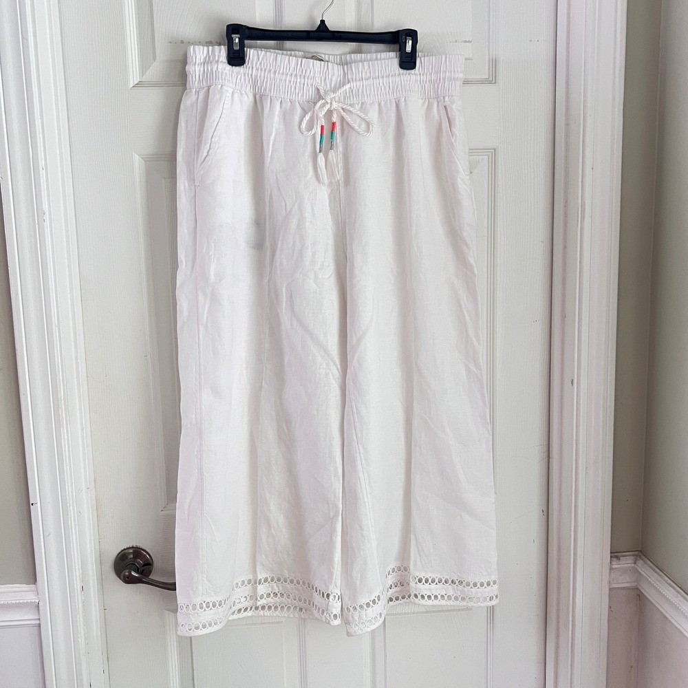Joie Linen Wide Leg Coastal Pants XL Womens Eyelet Trim Tassel White Boho Summer